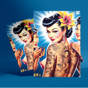 Retro Orientalisk Tatuerad Kvinna Vykort