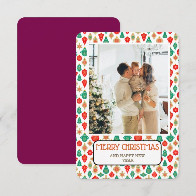 Retro Ornament Pattern Merry Christmas Photo Card Inbjudningar (Fram/baksida)