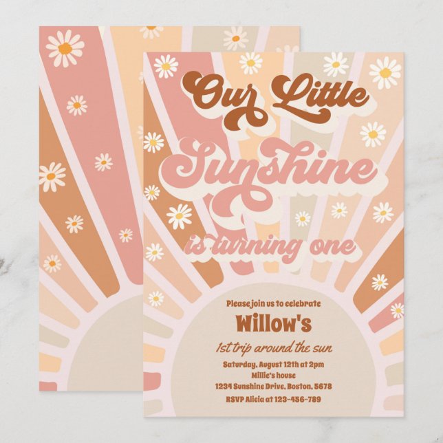 Retro our Little Sunshine 1:a Birthday Party Inbjudningar (Fram/baksida)