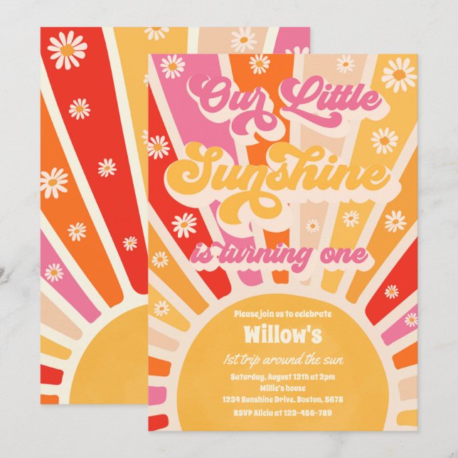 Retro our Little Sunshine 1:a Birthday Party Inbjudningar (Fram/baksida)
