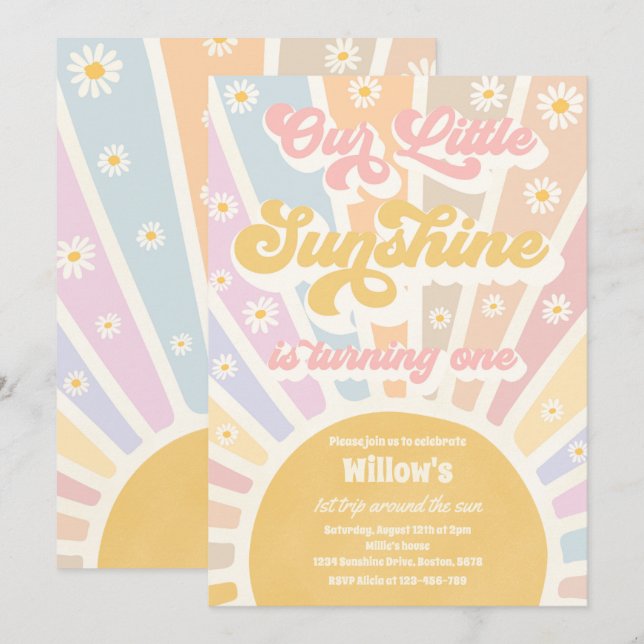 Retro our Little Sunshine 1:a Birthday Party Inbjudningar (Fram/baksida)