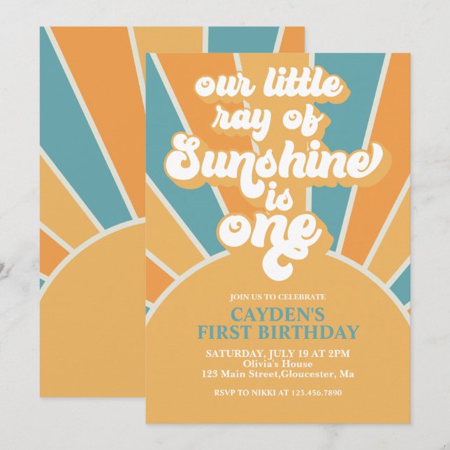 Retro our Little Sunshine Boy First Birthday Invit Inbjudningar (Fram/baksida)