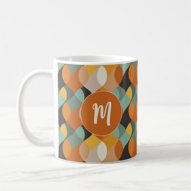 Retro Oval Shapes Orange Teal Guld Monogram Kaffemugg (Vänster)