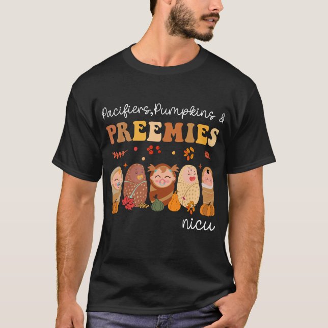 Retro Pacifiers Pumpkins Preemies NICU Nurse Fall  T Shirt (Framsida)