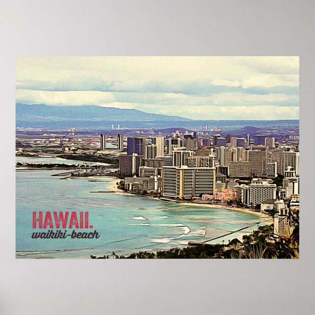 Retro Painting Hawaii Waikiki Beach Poster (Framsidan)