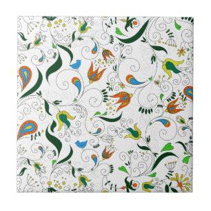 Retro Paisley grön orange blåttgult Kakelplatta