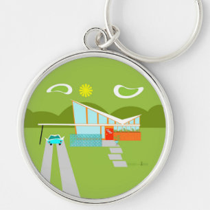 Retro Palm Spring hus Keychain Rund Silverfärgad Nyckelring