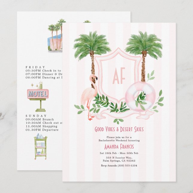 Retro Palm Springs Monogram Möhippa Helg Inbjudningar (Fram/baksida)