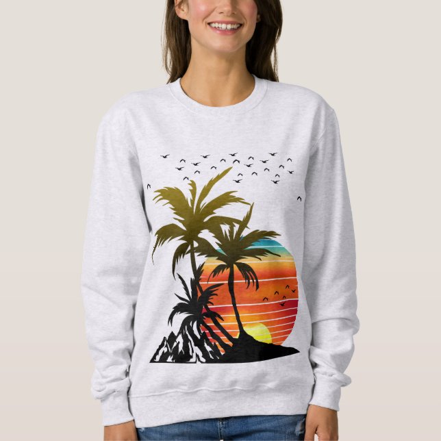 Retro Palmträd Berg Solnedgång T-Shirt (Framsida)