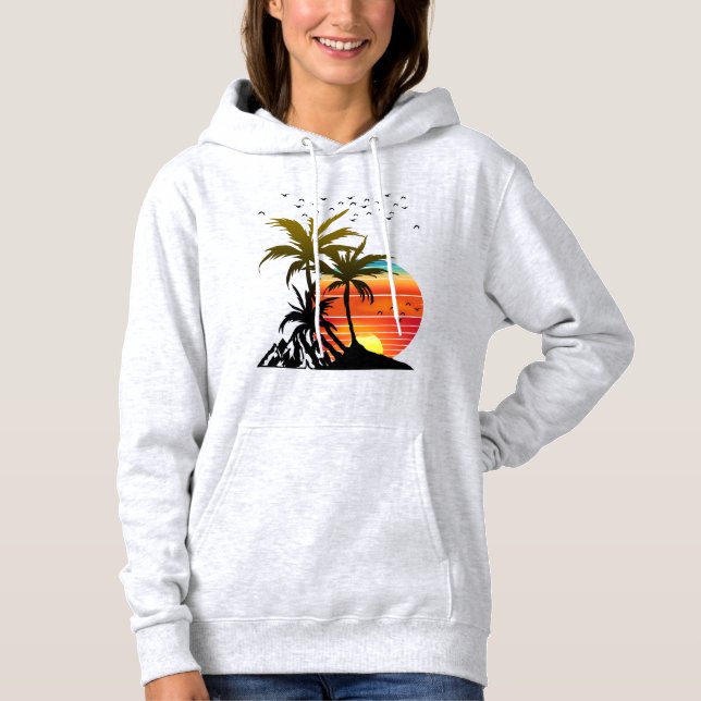 Retro Palmträd Berg Solnedgång  T Shirt (Framsida)