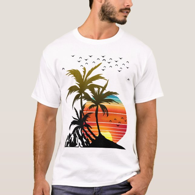 Retro Palmträd Berg Solnedgång T Shirt (Framsida)