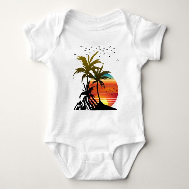 Retro Palmträd Berg Solnedgång  T Shirt (Framsida)