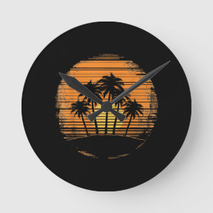 Retro Palmträd Solnedgång Sommar Strand Vintage Tr Rund Klocka