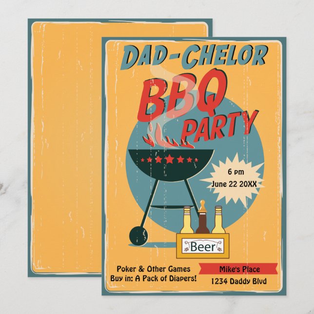 Retro Pappa-Chelor BBQ Party Baby Shower Inbjudningar (Fram/baksida)