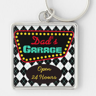 Retro Pappa Garage Keychain Gift Fyrkantig Silverfärgad Nyckelring