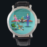 Retro-par med Hund Manar Watch Armbandsur<br><div class="desc">Det här Retro-paret med Hund Watch ser ut som en scen ut ur en romantisk komedi. 1960-talets stil, minimalistiska konstdesign, har ett attraktivt par som njuter av en romantisk kväll hemma. Det sofistikerade rummet har en framträdande plats i ett akva- och tealtegelstav med en ljusröd ledtråd. En vacker, rödhårig kvinna...</div>