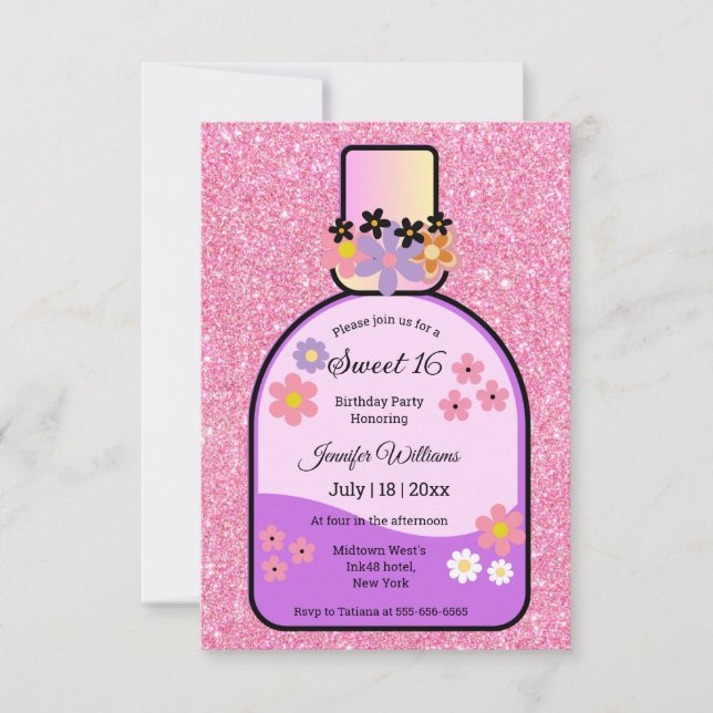 retro parfym söt 16 rosa glitter blommigt söt inbjudningar (Framsida)