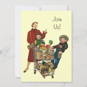 Retro Party Shopping Livsmedel Cart Fullt Inbjudan