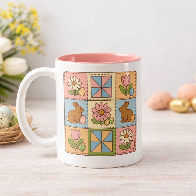 Retro påskharen blomstertäcke mönster  Två-Tonad mugg (Skapare uppladdad)