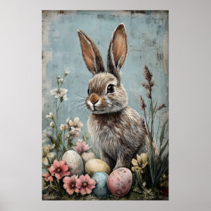 Retro påskkel hare blommtryck, rustik poster