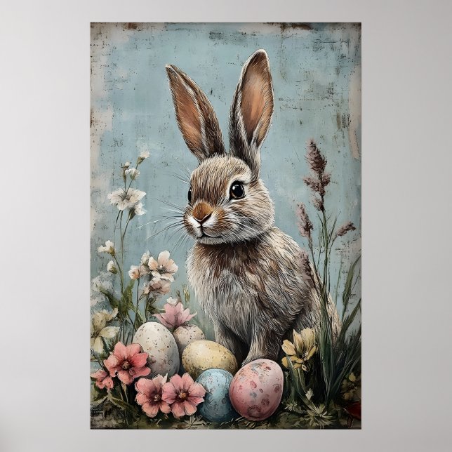 Retro påskkel hare blommtryck, rustik poster (Framsidan)