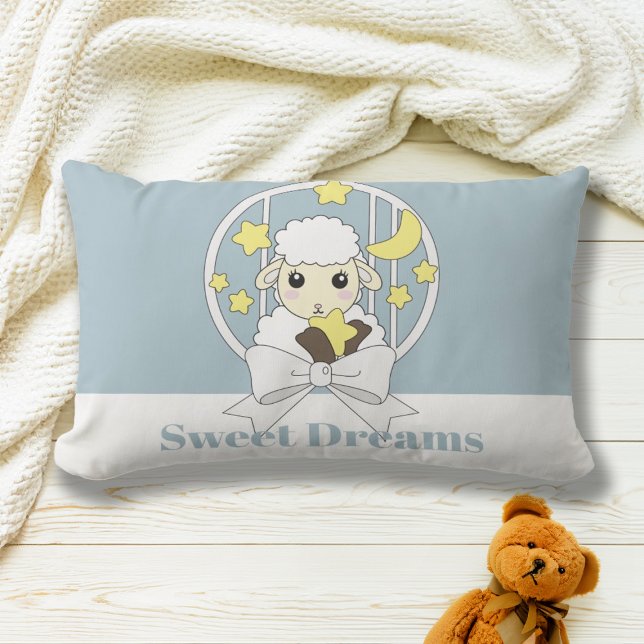 Retro Pastel Blue Cute Lamb Lumbarkudde (Skapare uppladdad)