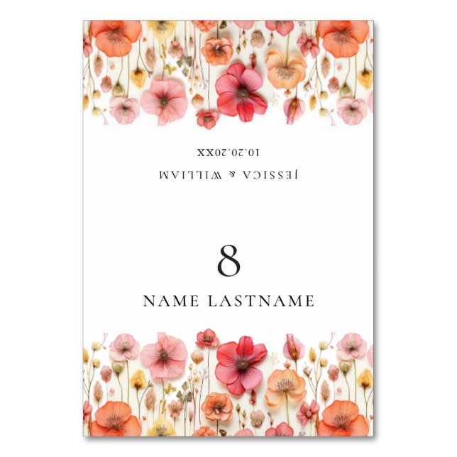 Retro Pastel Boho Wildblomma Bröllop-monteringskor Bordsnummer (Framsidan)