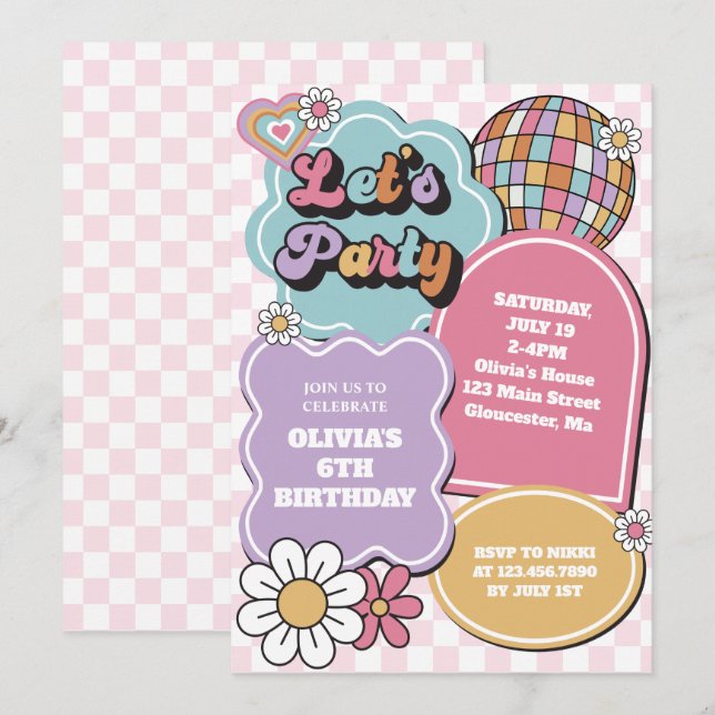 Retro pastel disco boll och daisy Birthday Inbjudningar (Fram/baksida)