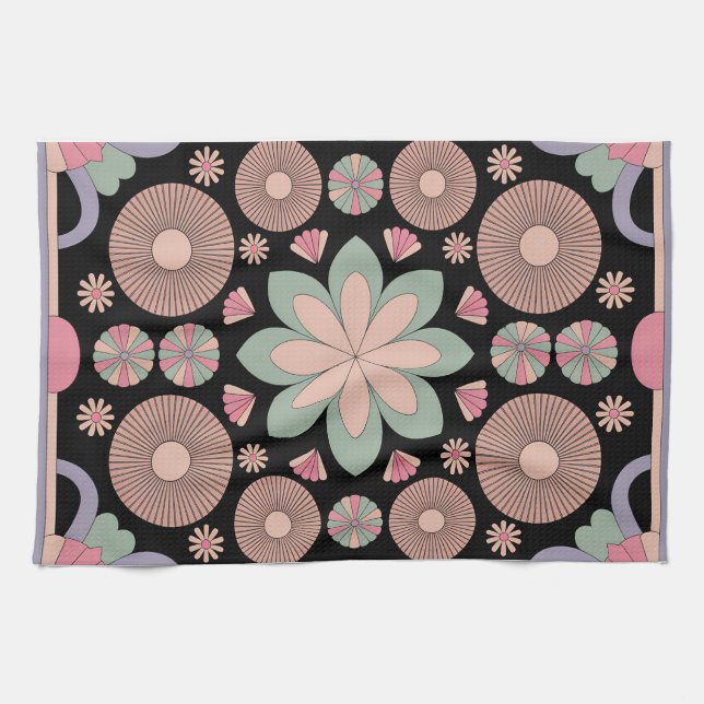 Retro Pastel Floral Mandala Symmetry Kökshandduk (Horisontell)