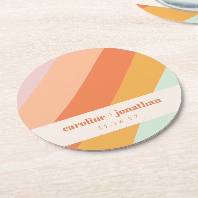 Retro Pastel Geometric Art Personligt bröllp Underlägg Papper Rund (Vinklad)