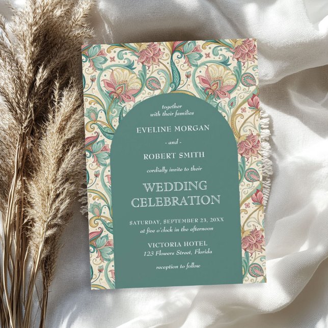 Retro pastel grönt dammig rosa blommigt Art nouvea Inbjudningar (Retro pastel green dusty pink floral Art Nouveau Invitation)