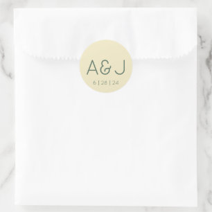Retro Pastel Gult och Grönt Monogram Bröllop Runt Klistermärke
