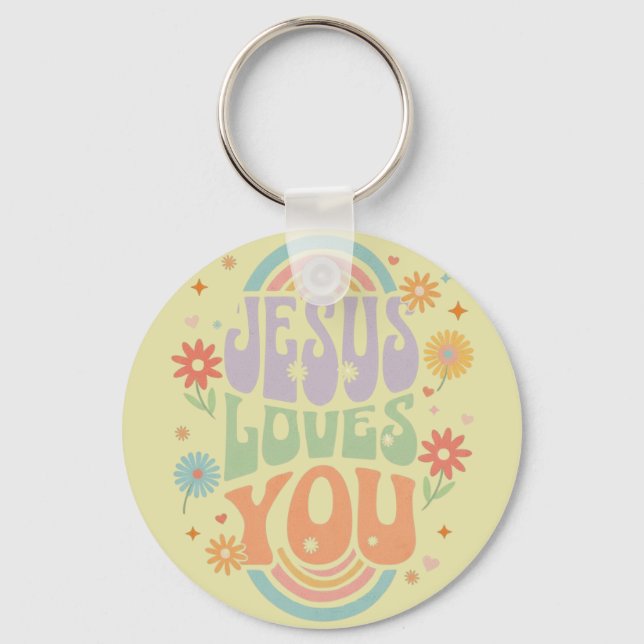 Retro Pastel “Jesus Loves You” Christian Design –  Nyckelring (Baksida)