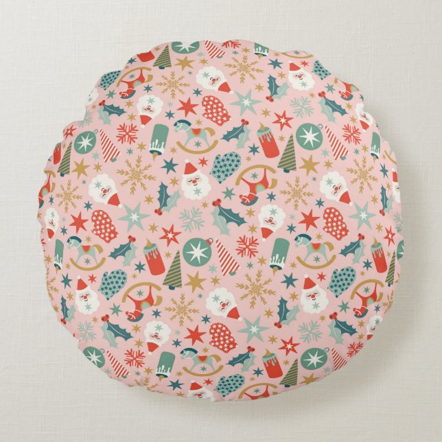 Retro Pastel-jul Rund Kudde (Framsidan)