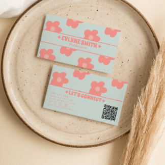Retro Pastel Pink QR Code Groovy Floral Boho Girly Visitkort