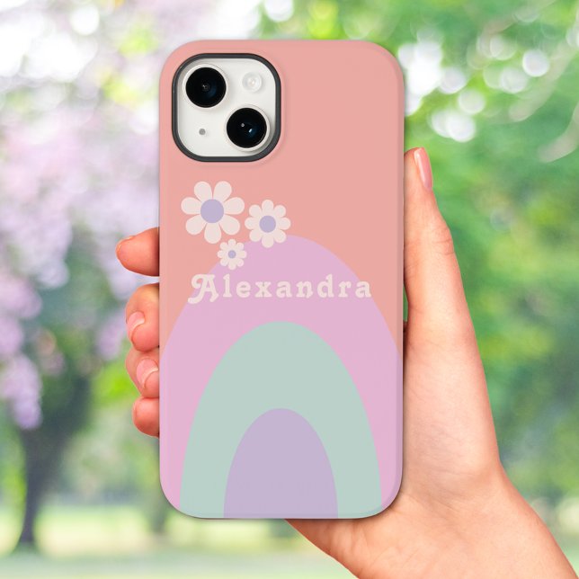 Retro Pastel Rainbow Rand Blommigt Namn (Retro 70s vintage pastel arch and daisy custom iPhone case with groovy typography pink peach purple)