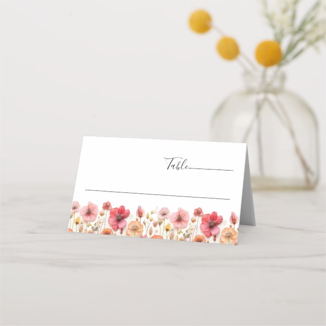 Retro Pastel Rosa Boho Wildblomma Bröllop Placeringskort (Framsida)