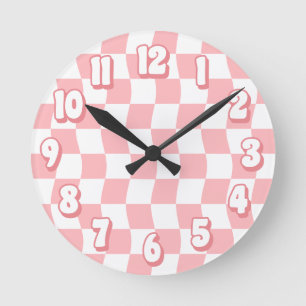 Retro Pastel Rosa White Vågigt Checkerboard Rund Klocka