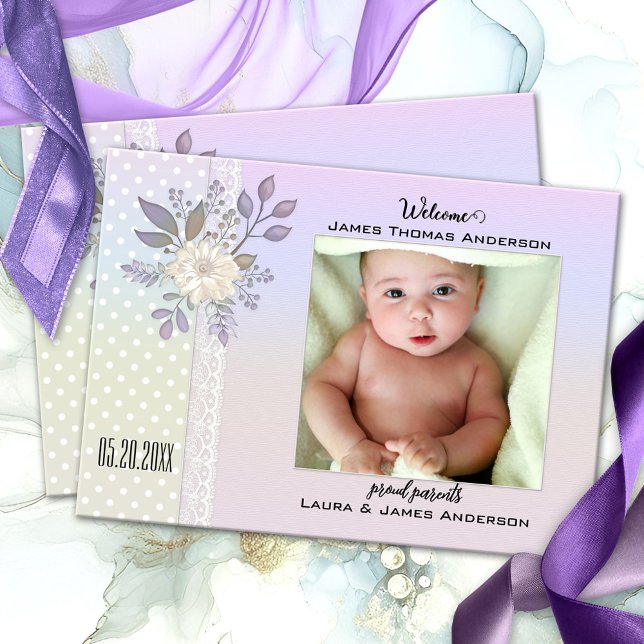 Retro Pastel Script Baby Photo Birth-meddelande Tack Kort (Elegant floral baby photo birth announcement card in a retro style with polka dots and lace )