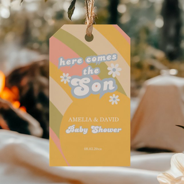 Retro Pastel Stripe Groovy Son Blue Presentetikett (Skapare uppladdad)