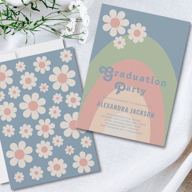 Retro Pastel-Studentfest Inbjudningar (Retro vintage daisy arch graduation party invitation in pastel colors blue green peach pink)