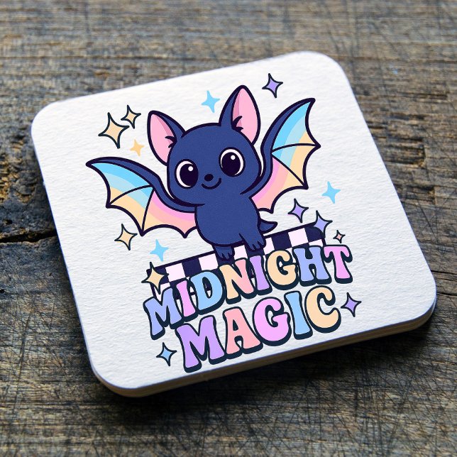 Retro Pastelcore Cute Halloween Fladdermus & Check Underlägg Papper Kvadrat (The midnight magic kawaii bat design shines with retro pastel charm.)