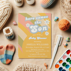 Retro Pastell Groovy Här Kommer Sonen Baby Shower Inbjudningar