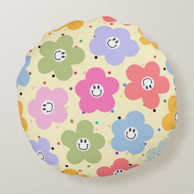 Retro Pastell Leende Blomma Mönster Rund Kast Kudd Kudde (Baksidan)