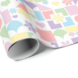 Retro Pastell Patchwork med 70-talsformer, Blommor Presentpapper