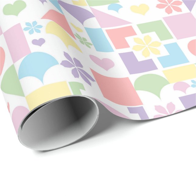 Retro Pastell Patchwork med 70-talsformer, Blommor Presentpapper (Rullad Hörn)