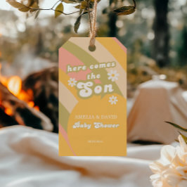 Retro Pastell Randig Groovy Son Babyfirande Presentetikett