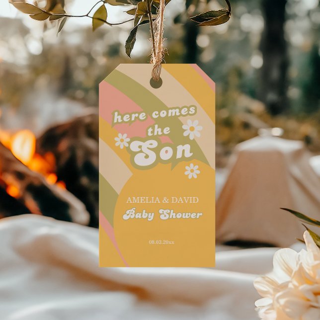 Retro Pastell Randig Groovy Son Babyfirande Presentetikett (Skapare uppladdad)