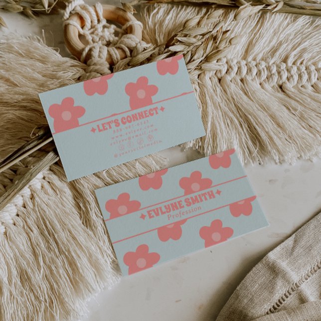 Retro Pastell Rosa Groovy Blommig Boho Flickaktig  Visitkort (Skapare uppladdad)