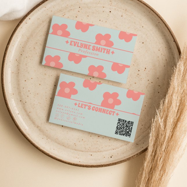 Retro Pastell Rosa QR-kod Groovy Blommig Boho Flic Visitkort (Skapare uppladdad)